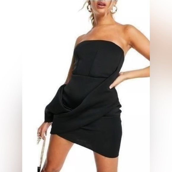 NWOT ASOS Elegant Black Neoprene Wrap Style Strapless Dress - Picture 2 of 8